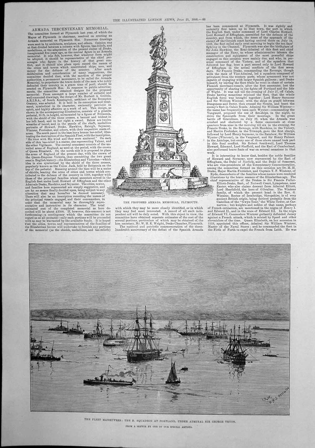 Old Antique Print Armada Memorial Plymouth B Squadron Portland Tryon 1888 19th