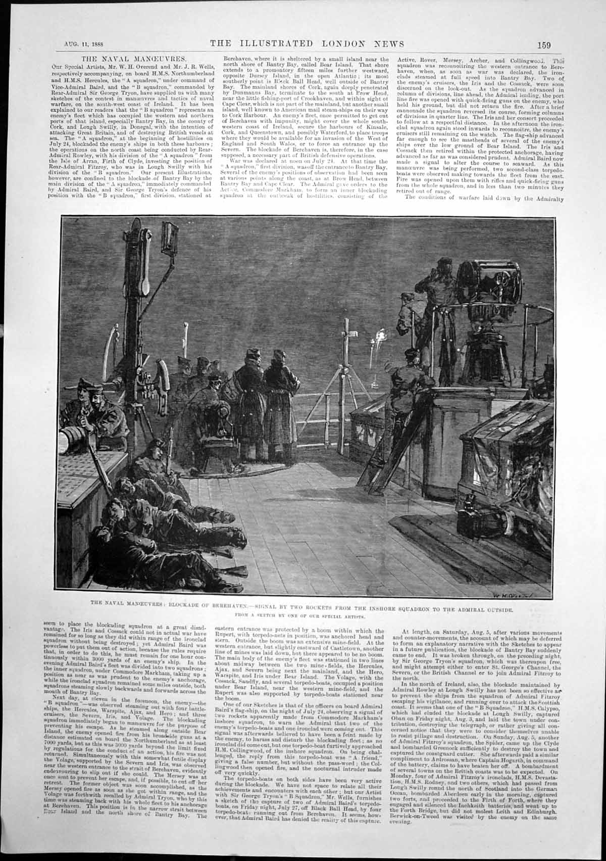 Old Antique Print Naval Manoeuvres Blockade Berehaven Signal Rockets 1888 19th