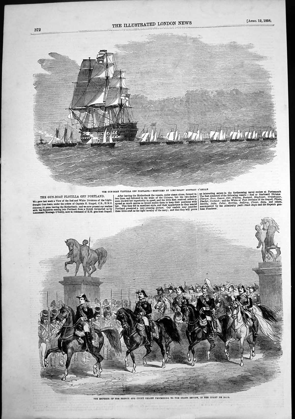 Antique Old Print Gun Boat Flotilla Portland French Emperor Count Orloff 1856