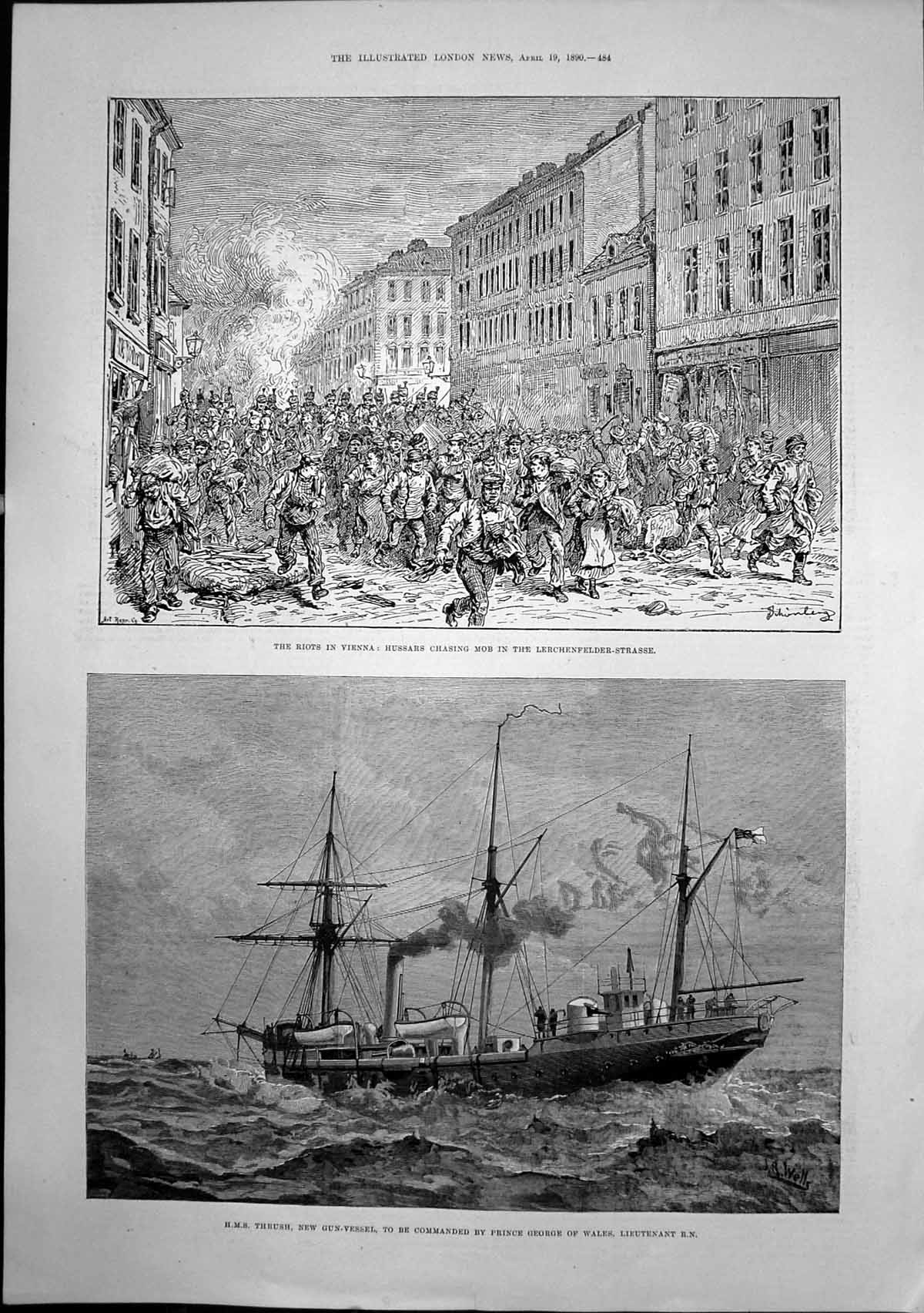Antique Old Print Hussars Chasing Mob Vienna Hms Thrush New Gun Vessel 1890