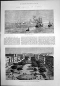 Original Old Antique Print Alexandria From Sea Grand Square Scene Rioting 1882