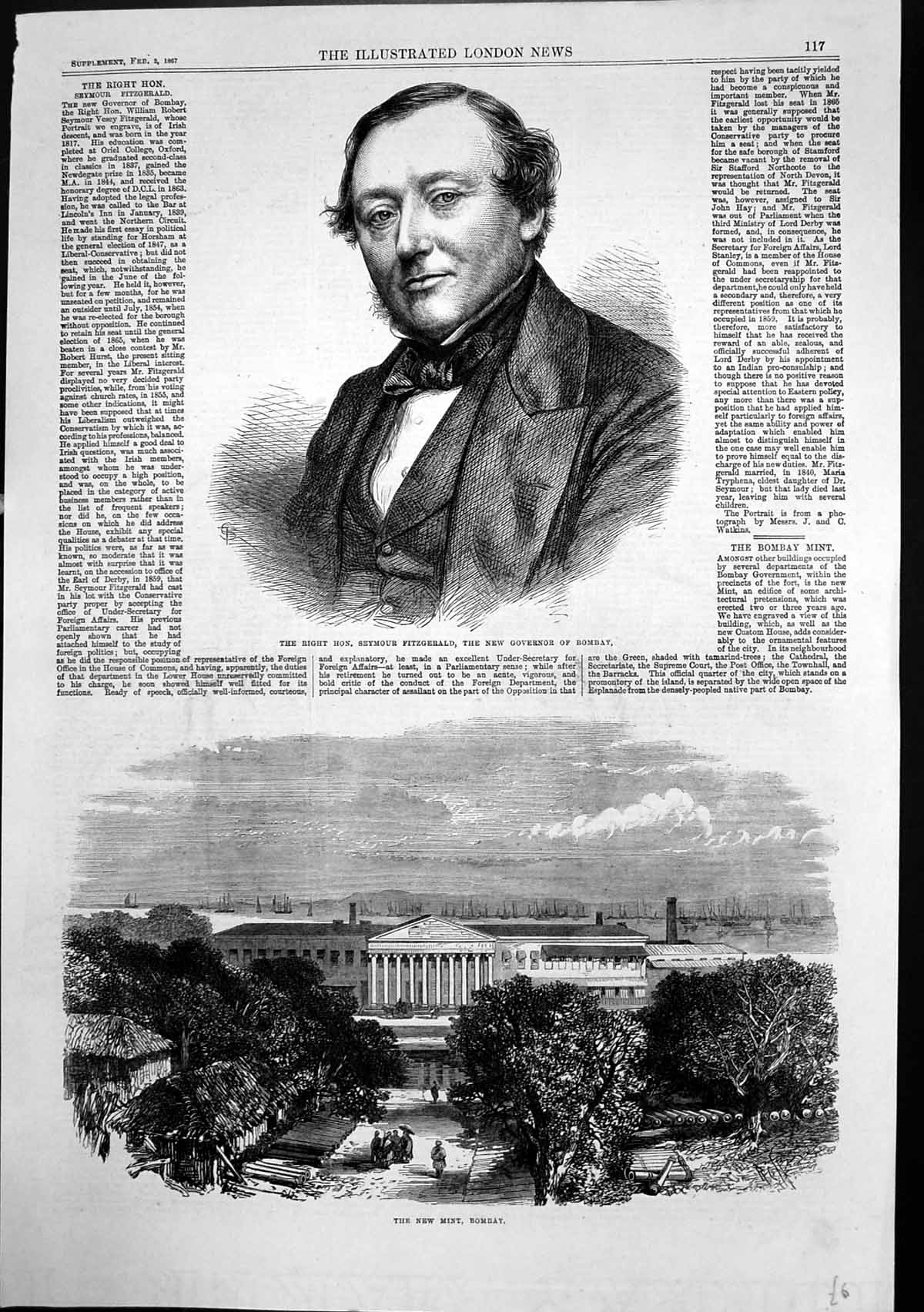 Old Antique Print New Mint Bombay Seymour Fitzgerald Governor Bombay 1867 19th