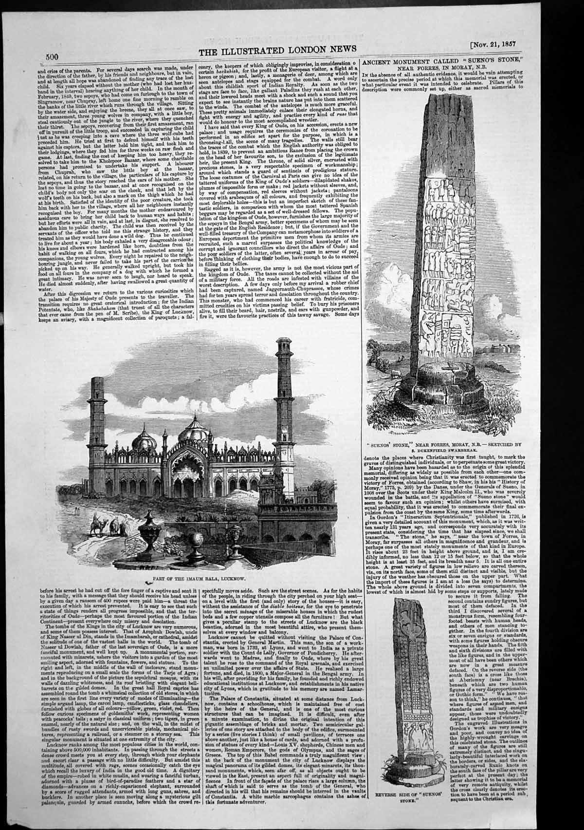 Original Old Antique Print Imaum Bala Lucknow Suenos Stone Forres Moray 1857