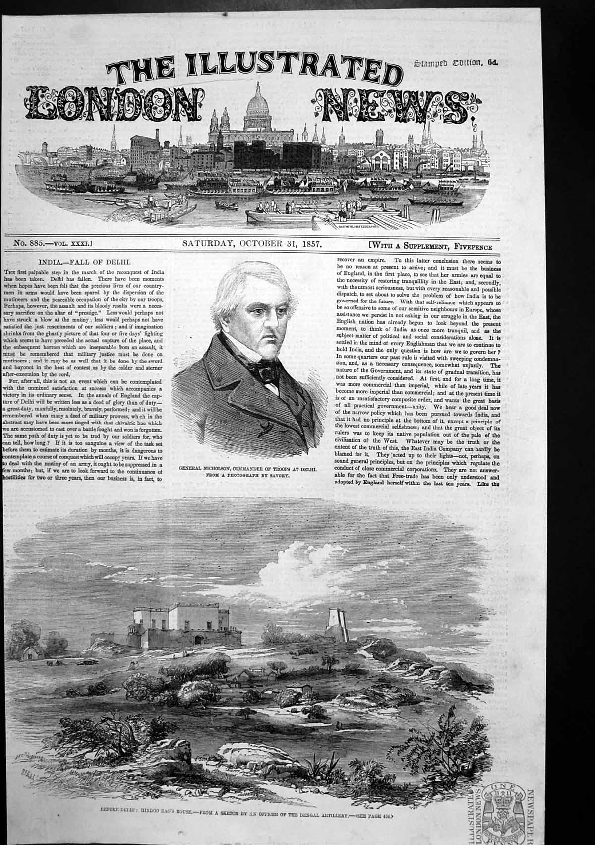 Antique Old Print Hindoo Raos House General Nicholson Commander Delhi 1857 19th