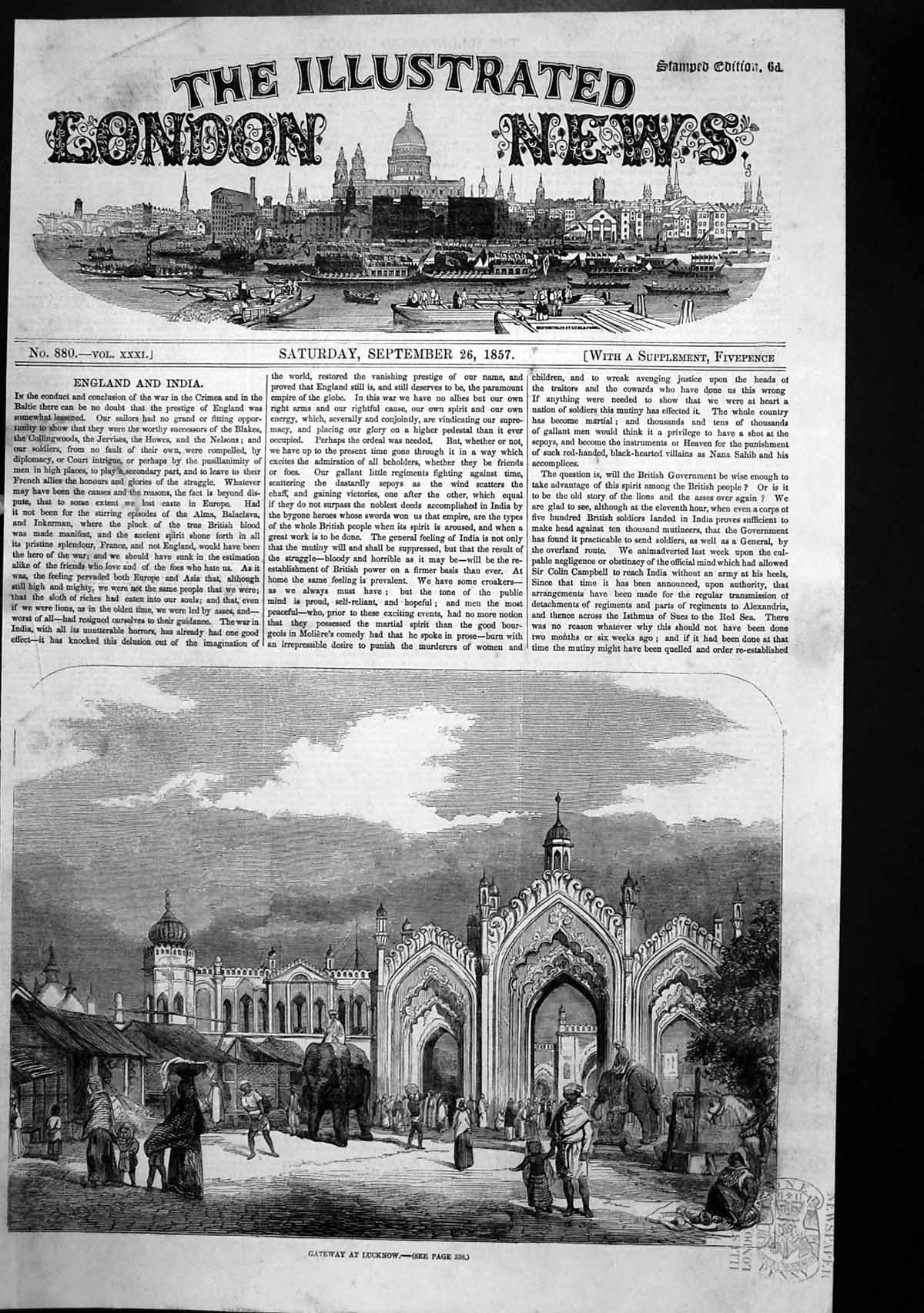 Original Old Antique Print Gateway Lucknow Towns People Elephants 1857 19th
