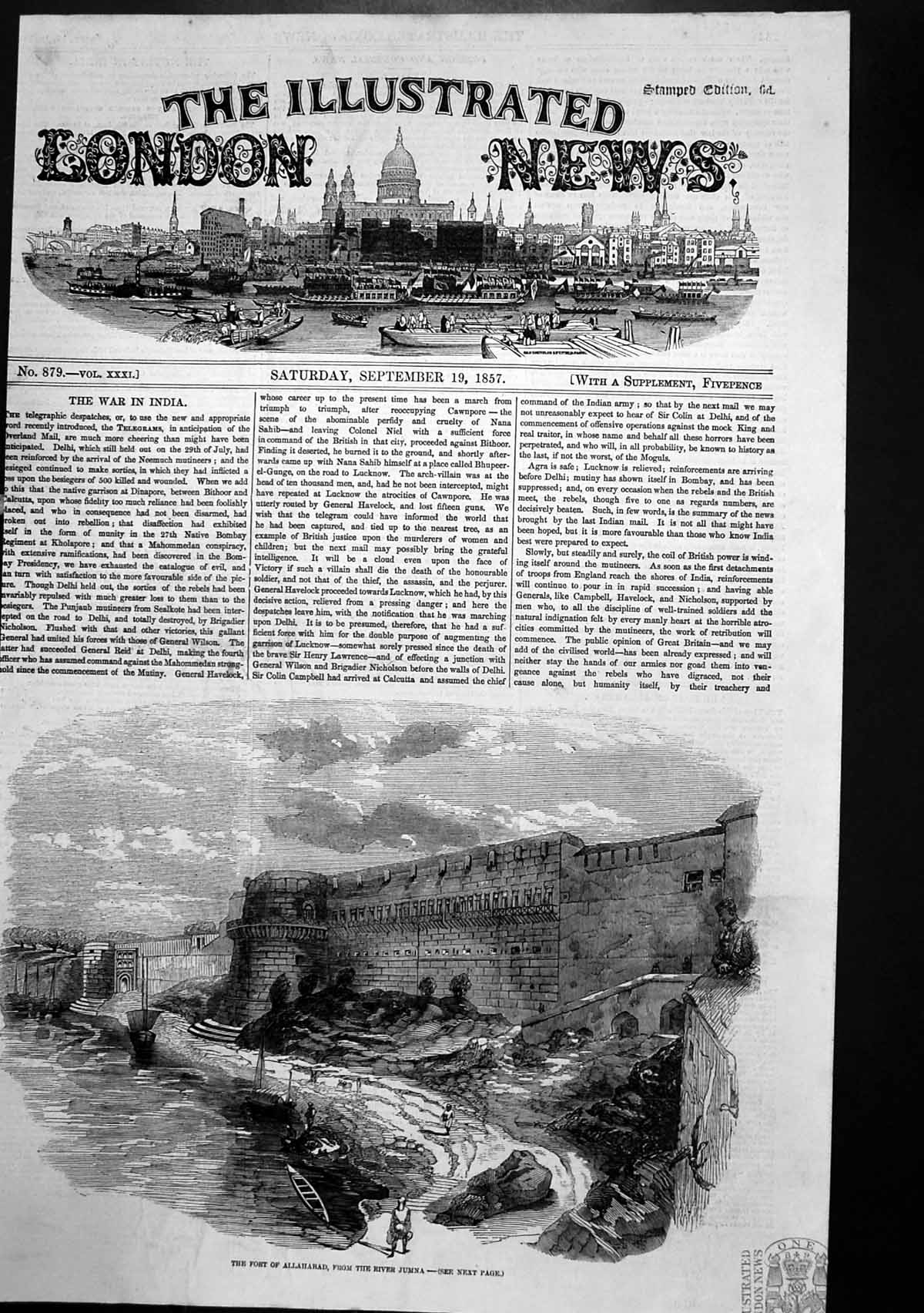 Original Old Antique Print Fort Allahabad From River Jumna 1857 19th