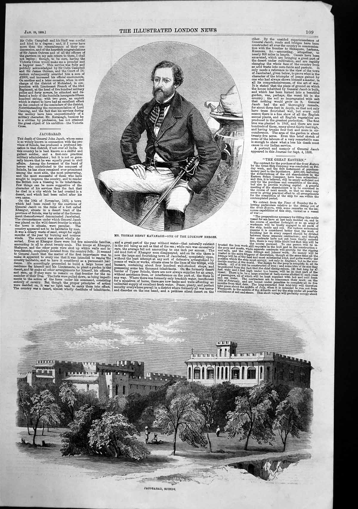 Antique Old Print Jacobabad Scinde Thomas Henry Kavanagh Lucknow Hero 1859 19th