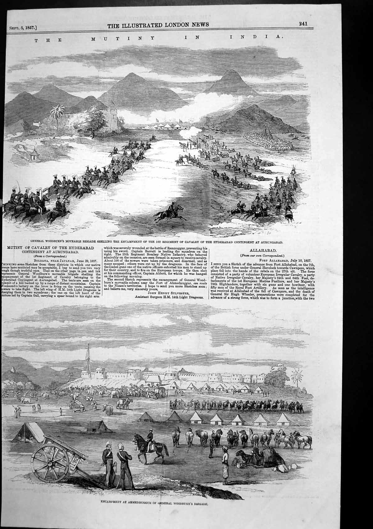Antique Old Print Mutiny India Gen Woodburns Brigade Encampment Shelling 1857