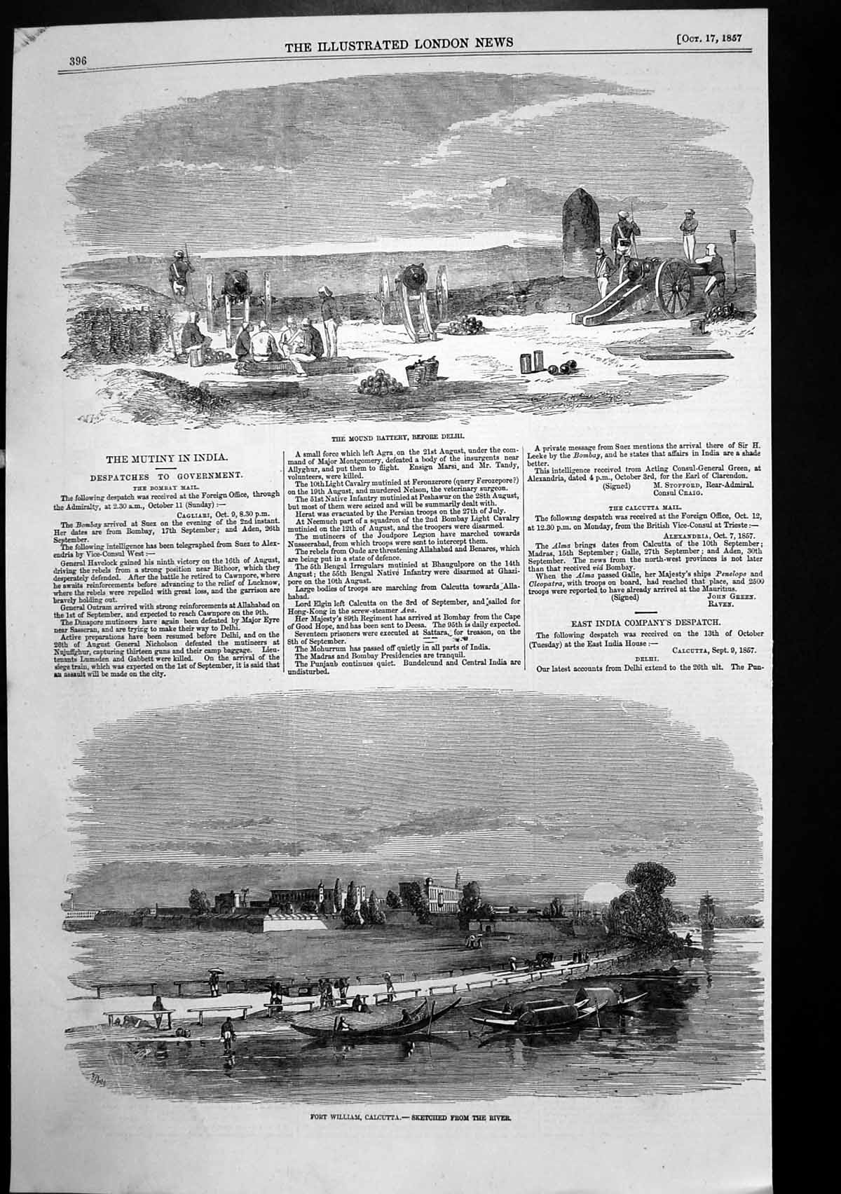 Old Antique Print Fort William Calcutta Mound Battery Before Delhi 1857 19th