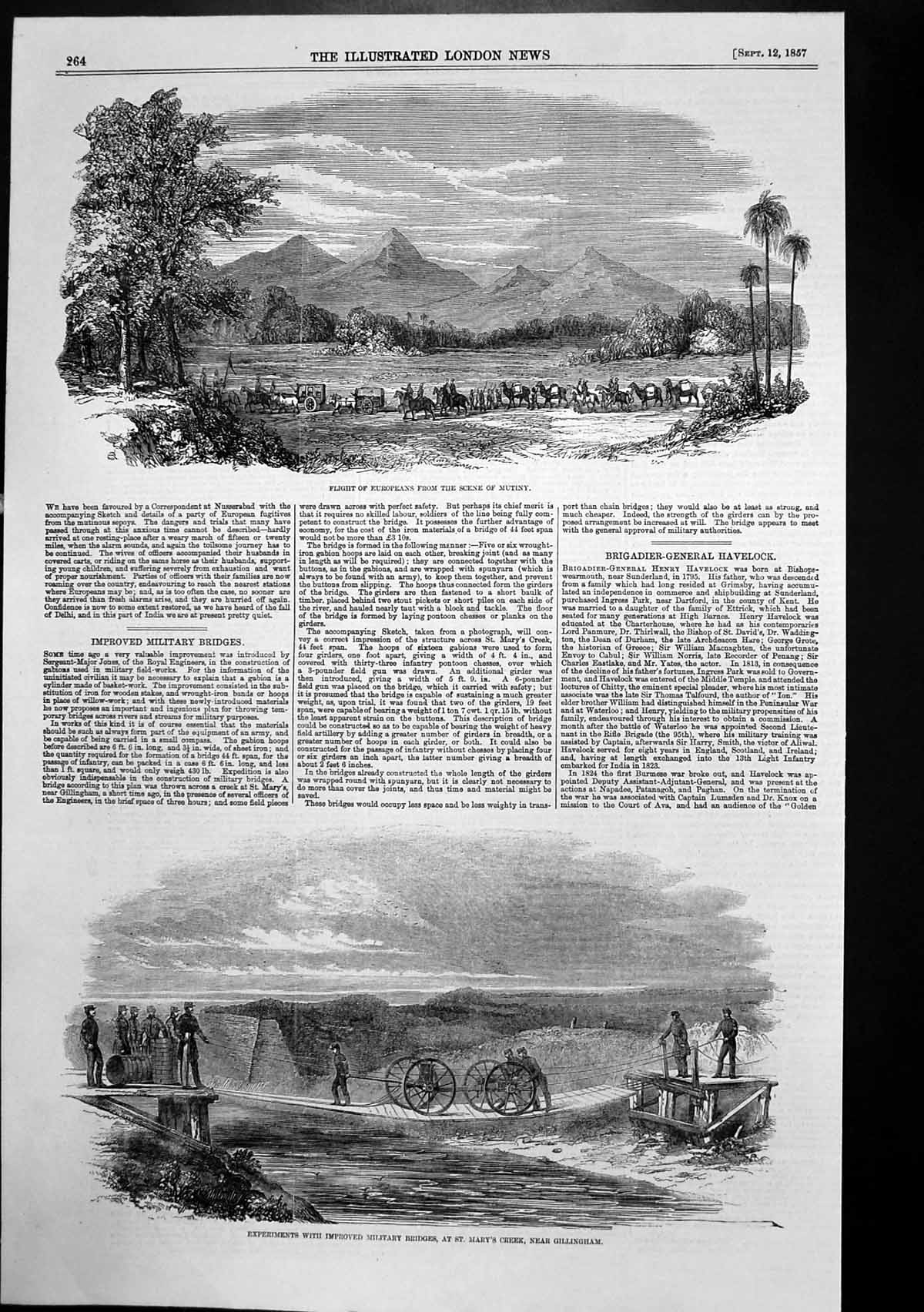Antique Old Print Flight Europeans Mutiny India Military Bridge St Marys 1857