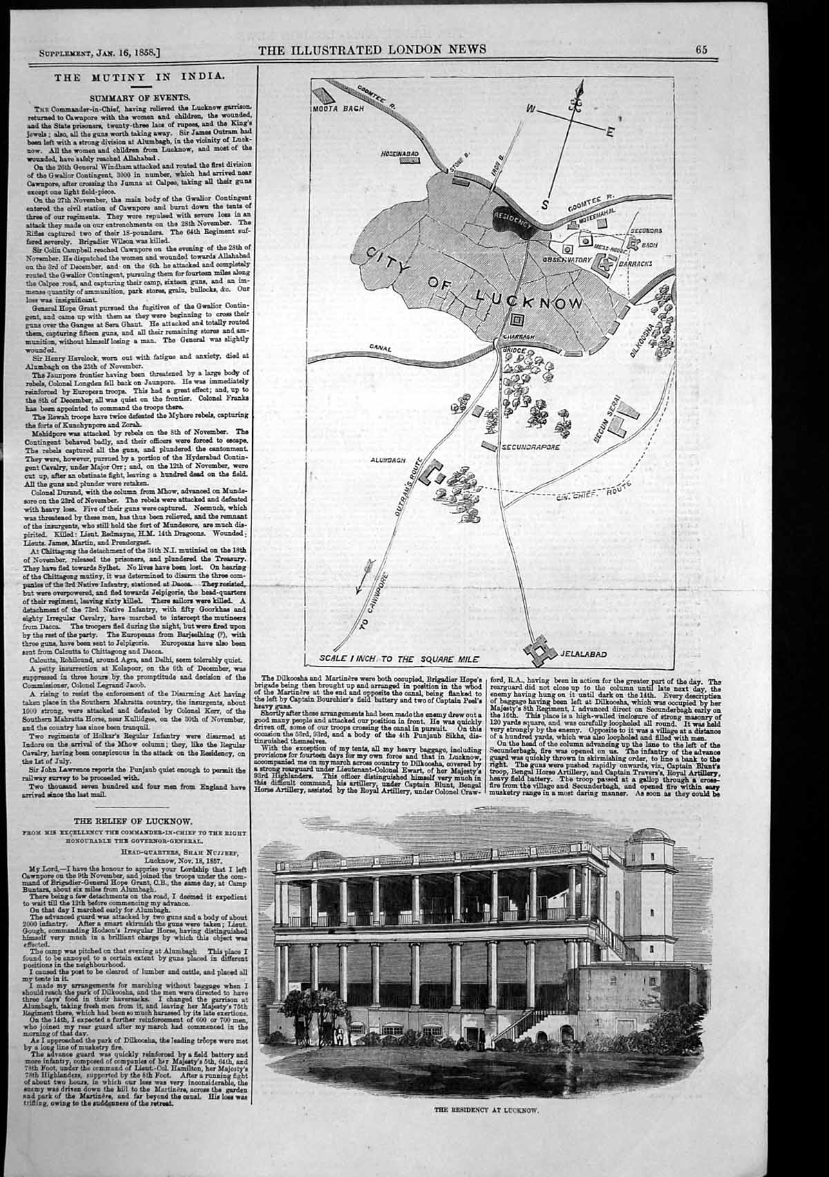 Original Old Antique Print Map City Lucknow Jelalabad Residency Lucknow 1858