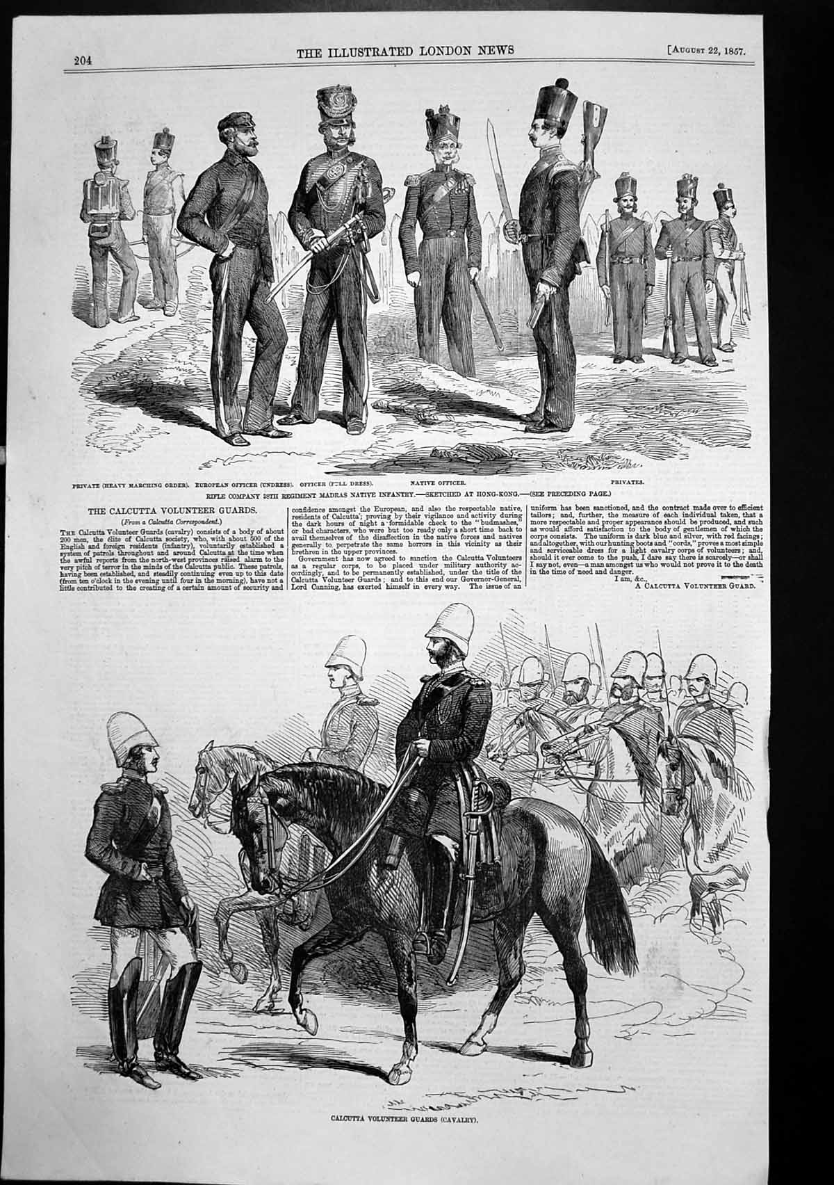Antique Print Calcutta Volunteer Guards Cavalry Madras Native Infantry 1857