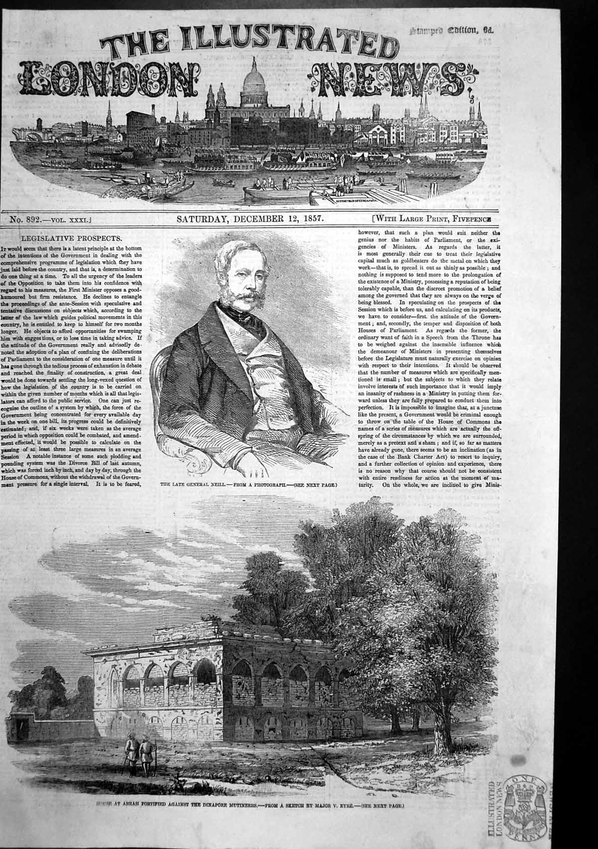Antique Old Print General Neill House Arrah Fortified Dinapore Mutineers 1857