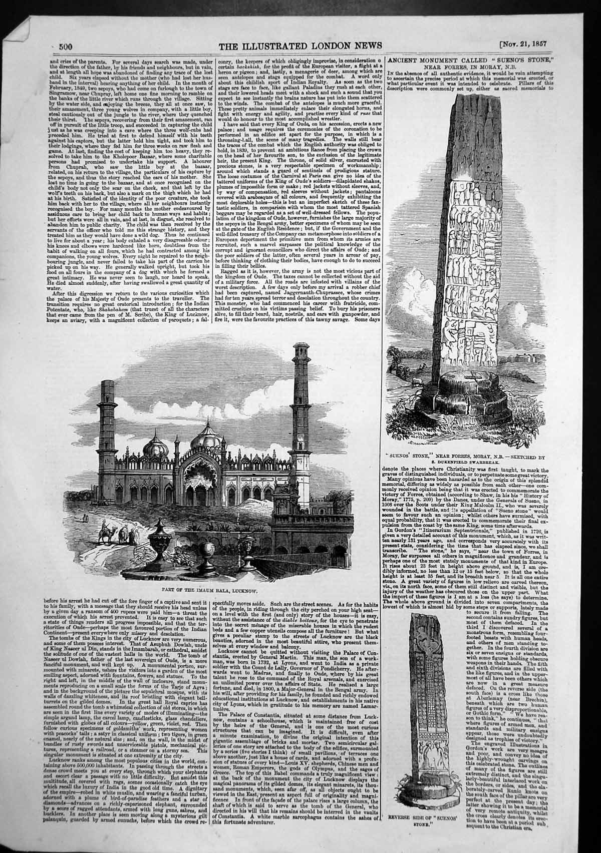 Antique Old Print Ancient Monument Suenos Stone Forres Moray Imaum Bala 1857