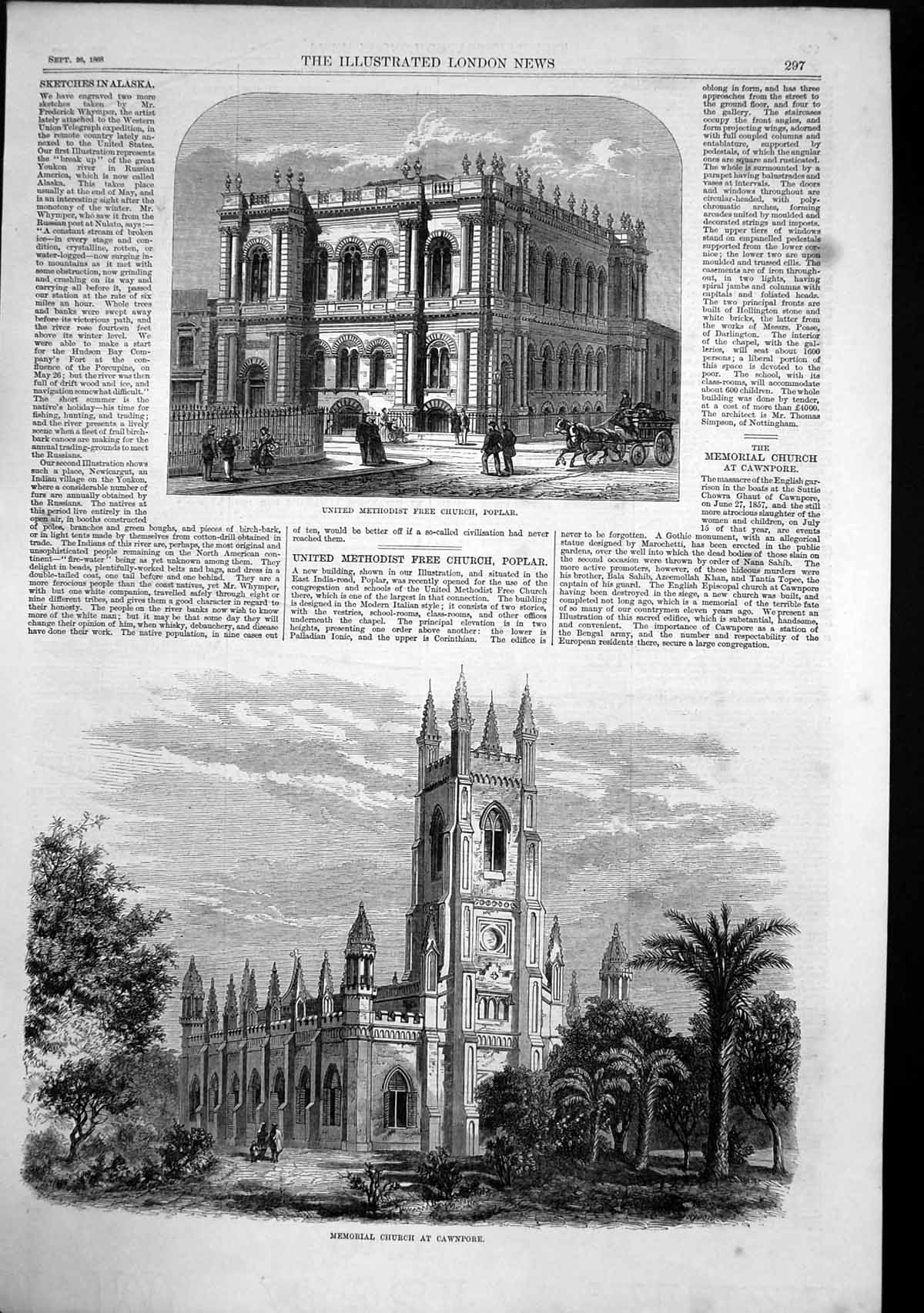 Old Antique Print Methodist Church Poplar Memorial Church Cawnpore 1868 19th