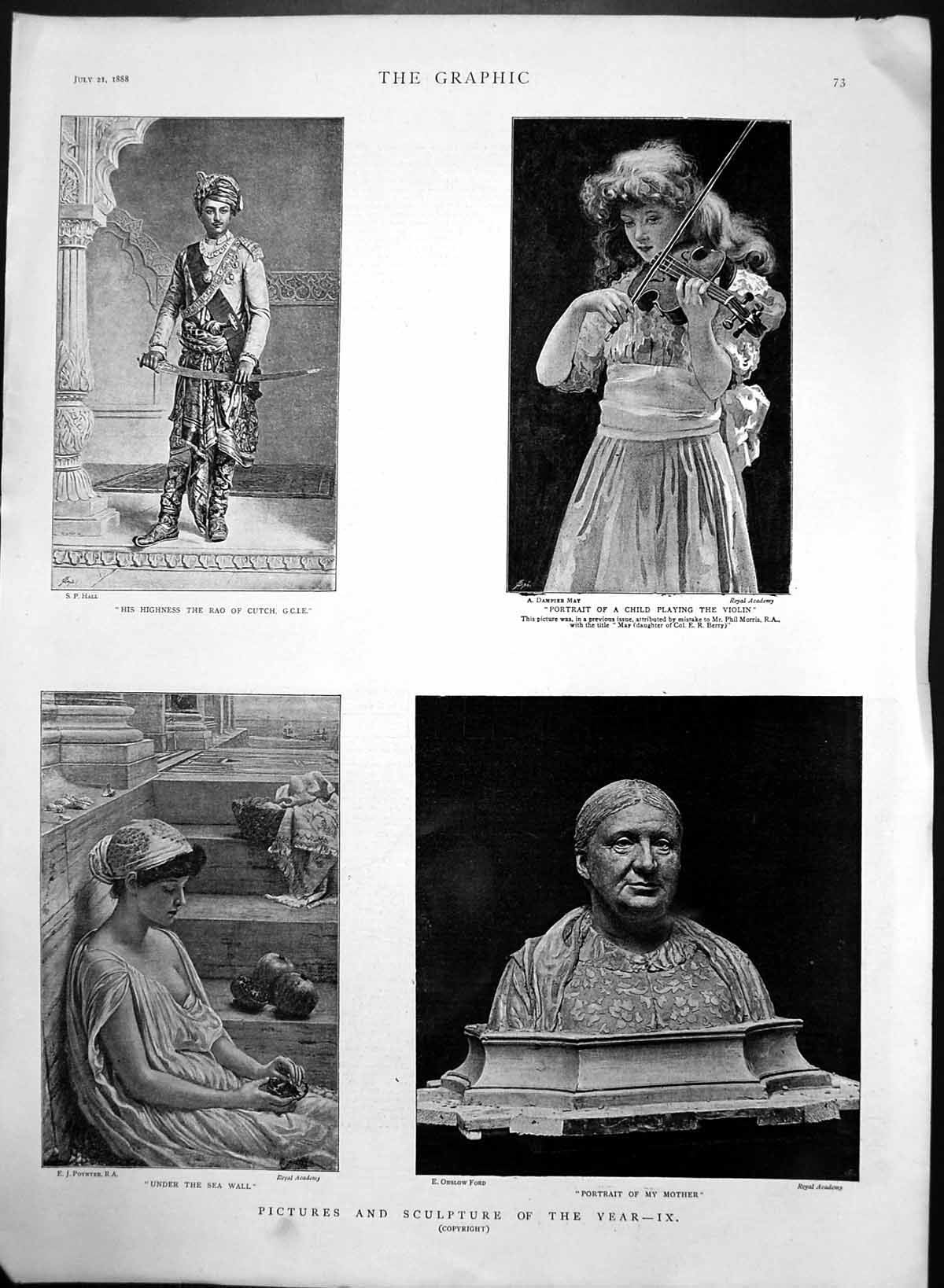 Old Antique Print Rao Cutch Portrait My Mother Child Playing Violin 1888 19th