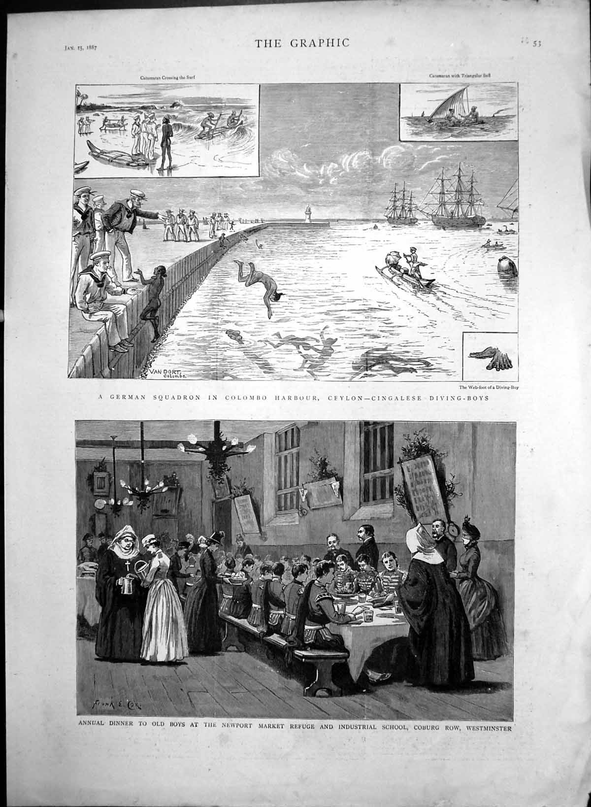 Original Old Antique Print German Squadron Colombo Newport Market Refuge 1887