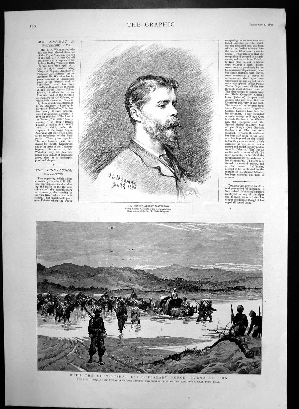Antique Old Print Ernest Waterlow Chin Lushai Expeditionary Force Burma 1890