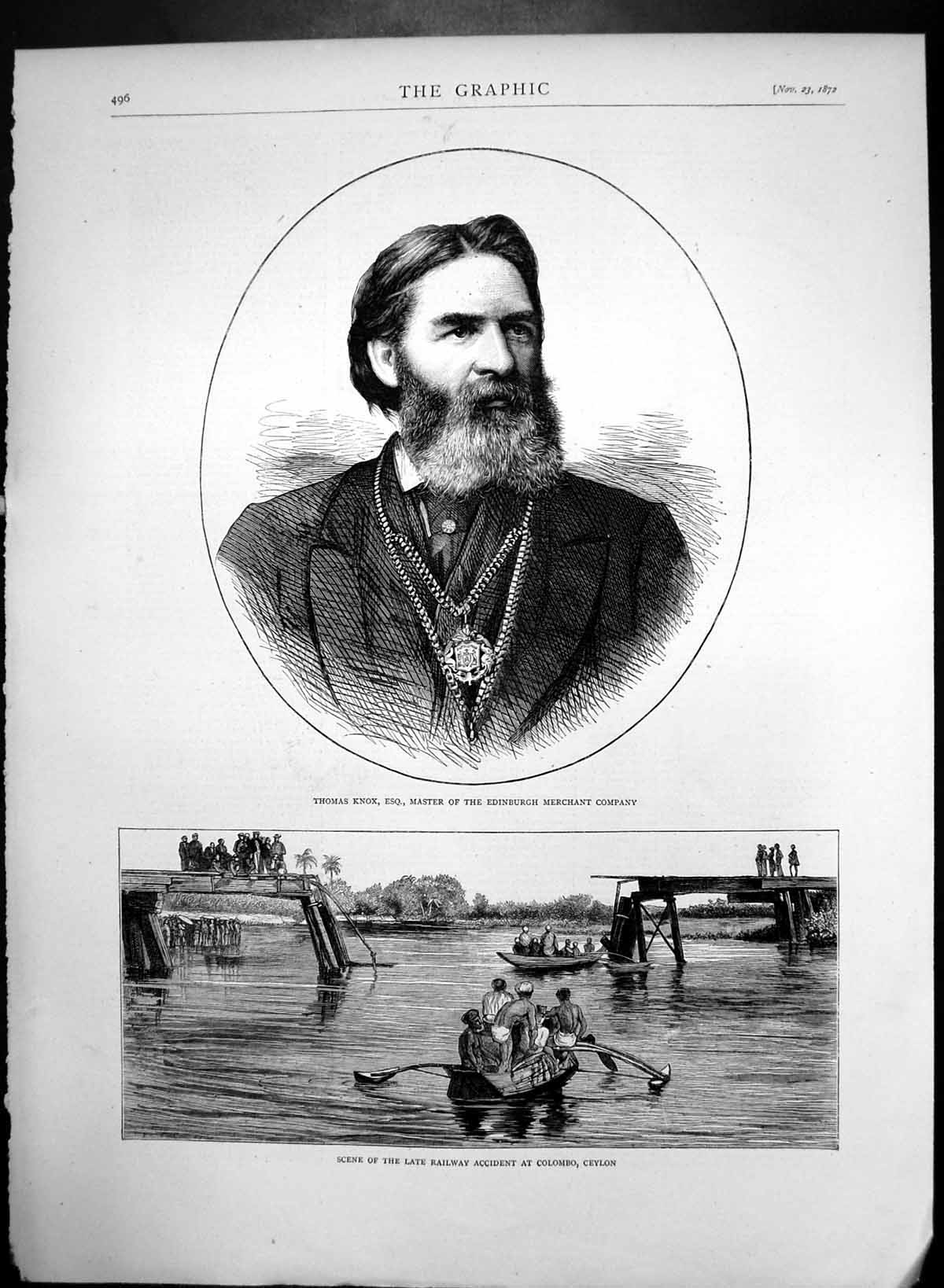 Antique Old Print Thomas Knox Broken Bridge Rail Accident Colombo Ceylon 1872