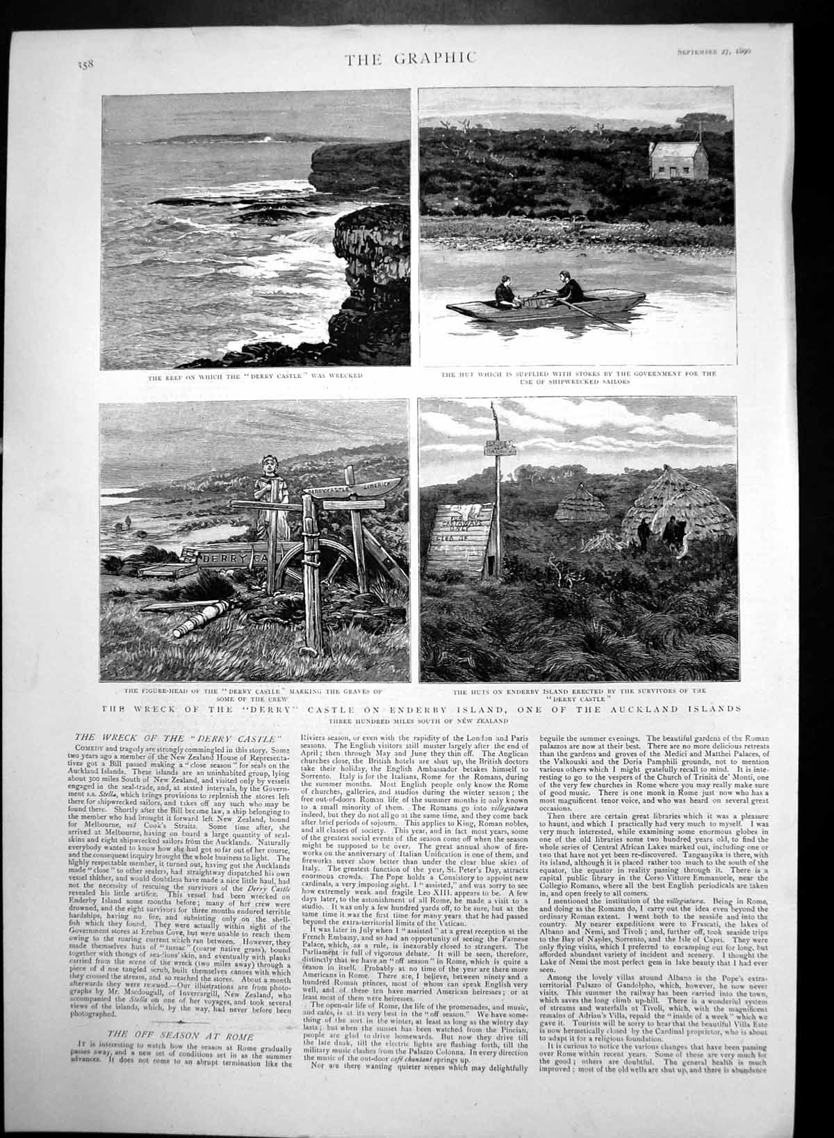 Old Antique Print Wreck Derry Castle Enderry Island Auckland Graves 1890 19th