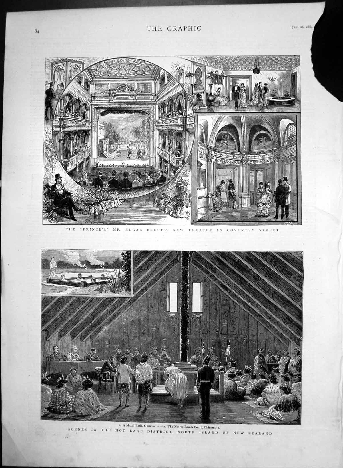 Antique Old Print Edgar Bruce Thatre Coventry St Maori Bath New Zealand 1884