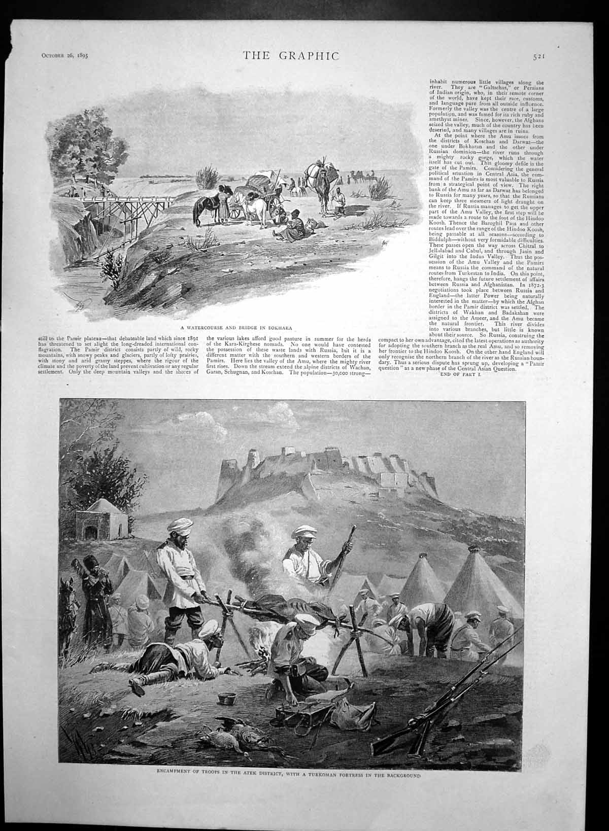 Antique Old Print Watercourse Bridge Bokhara Troops Turkoman Fortress 1895 19th