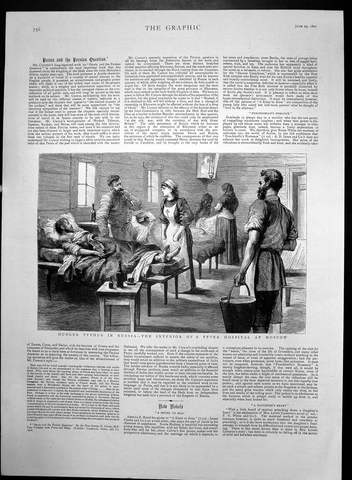 Original Old Antique Print Hunger Typhus Russia Fever Hospital Moscow 1892 19th