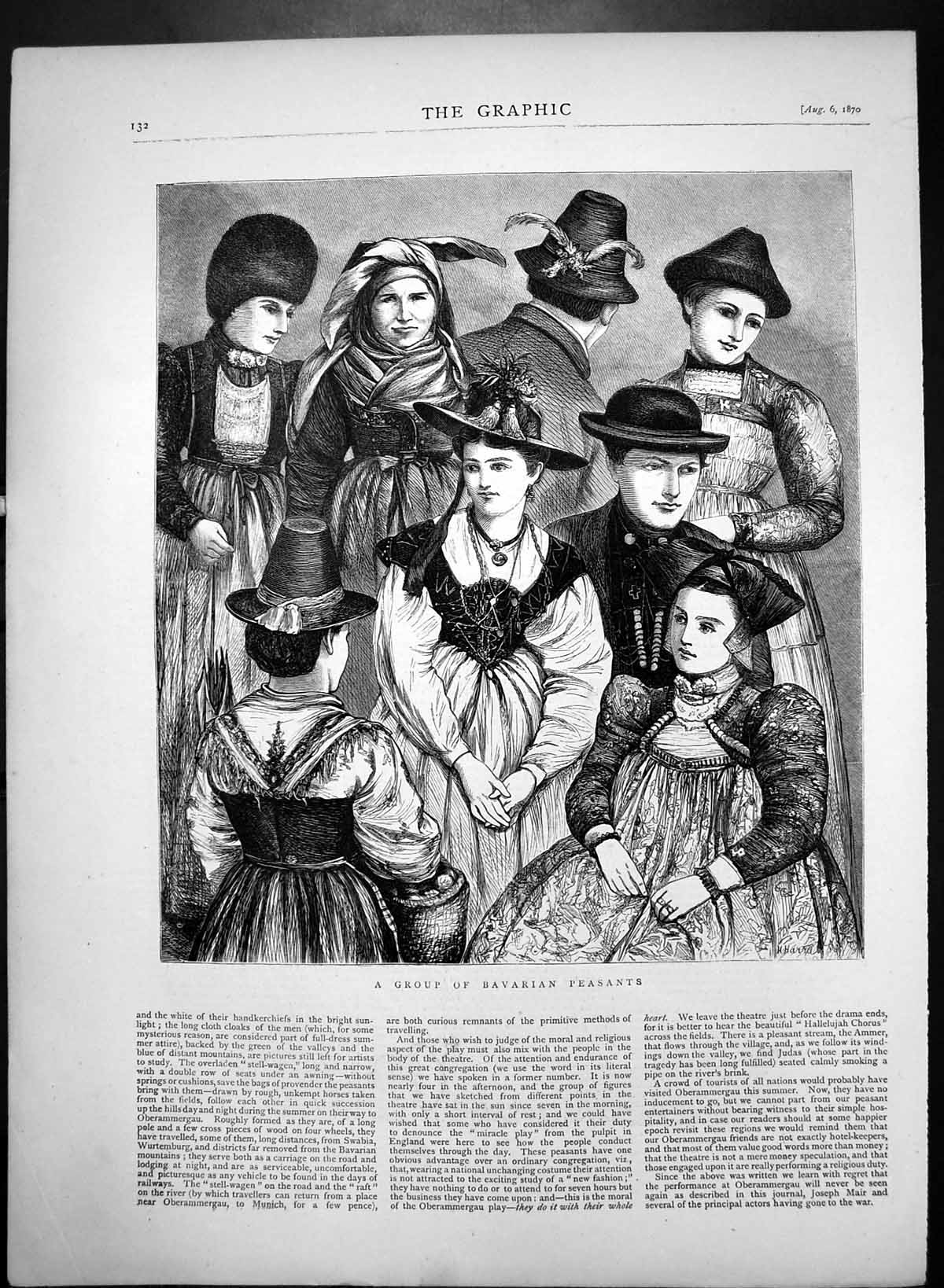 Original Old Antique Print Group Bavarian Peasants 1870 19th Century