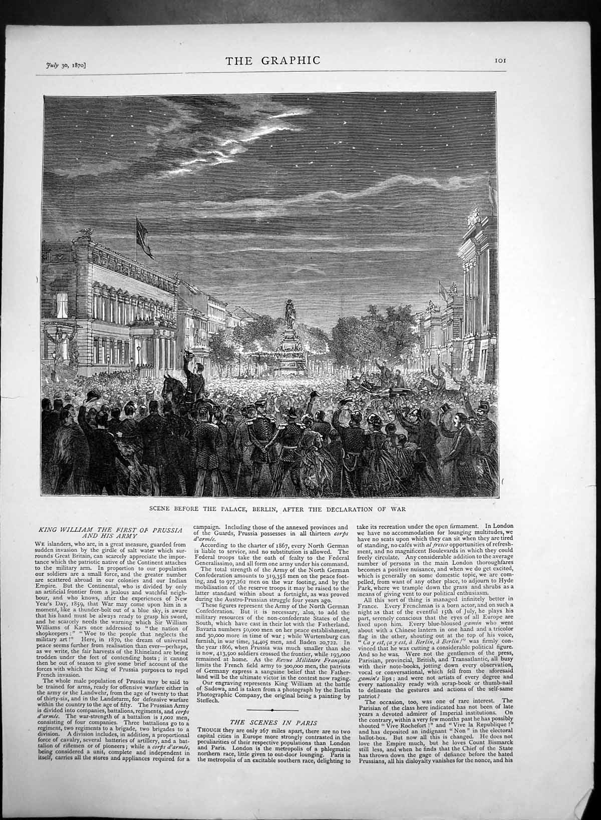 Original Old Antique Print The Palace Berlin After Declaration War 1870 19th