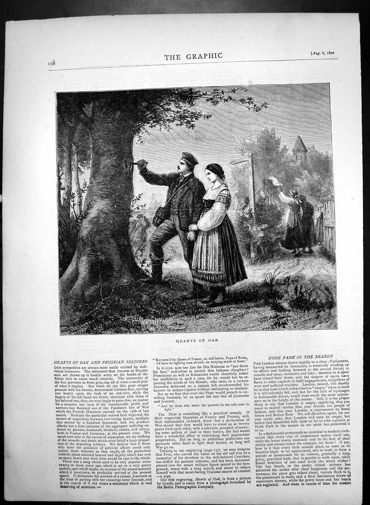 Original Old Antique Print Hearts Oak Lovers Carving Hearts In Tree 1870 19th