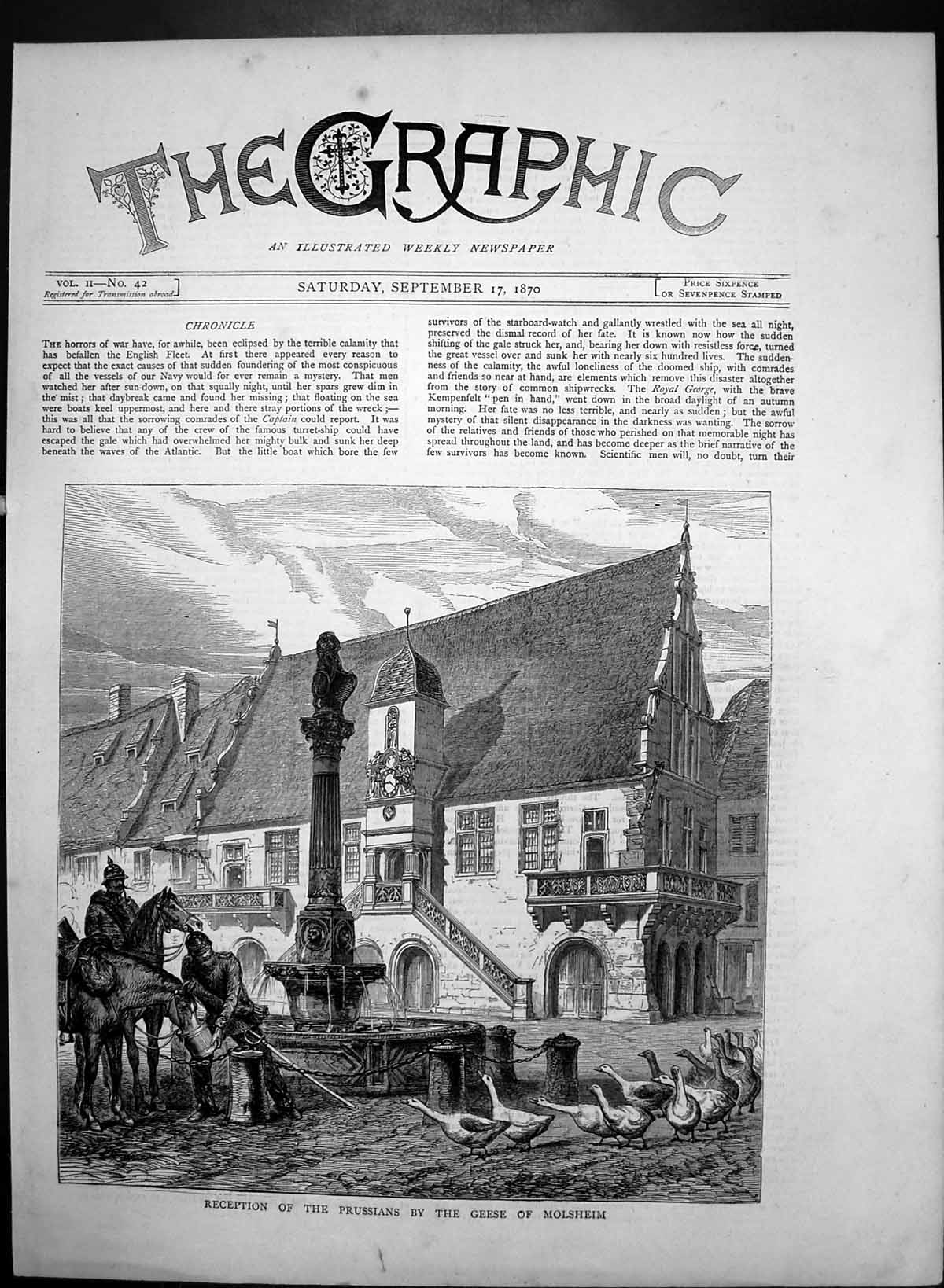 Original Old Antique Print Reception Prussians By Geese Molsheim 1870 Victorian