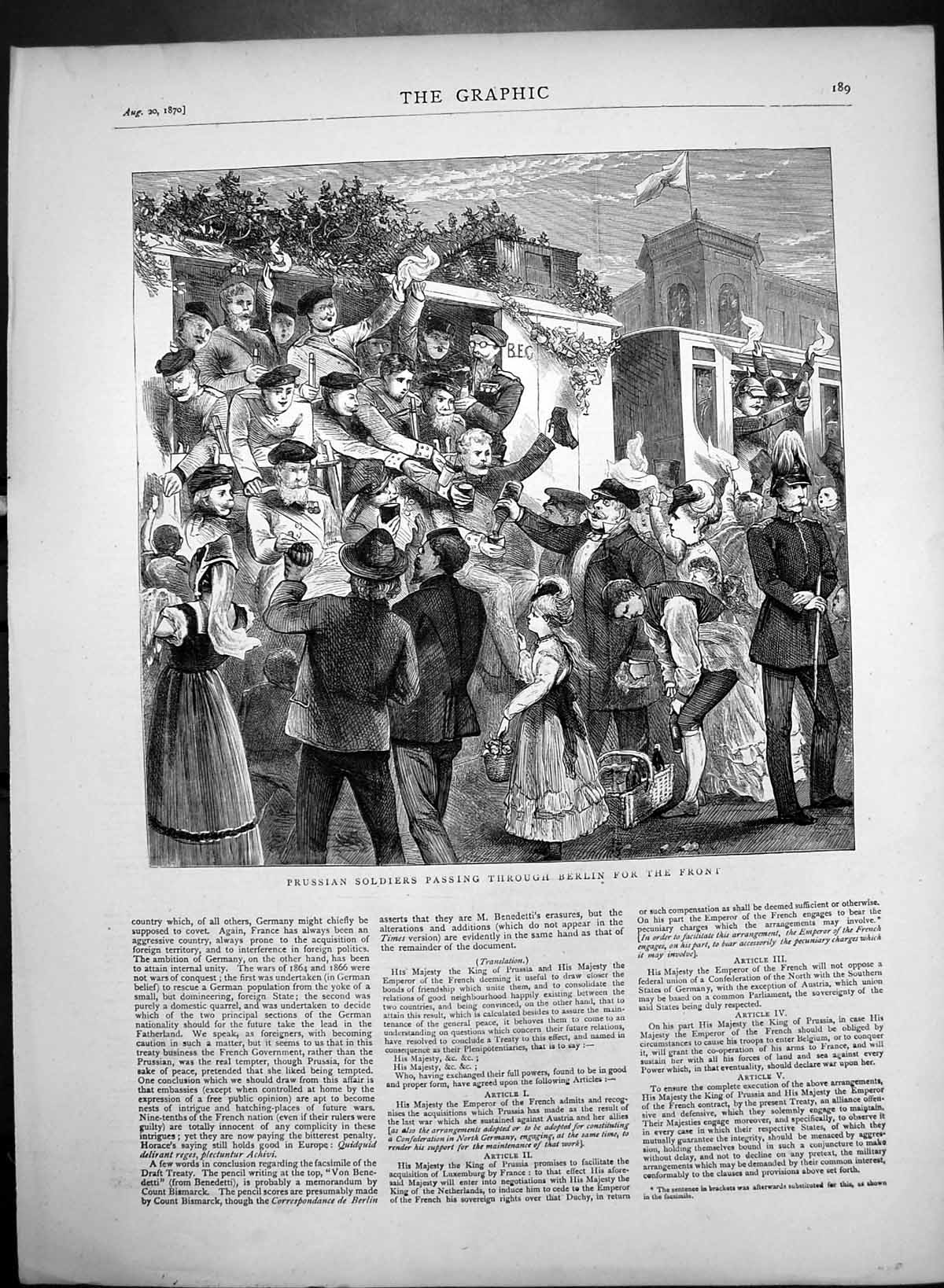 Antique Old Print Prussian Siers Passing Through Berlin For The Front 1870 19th