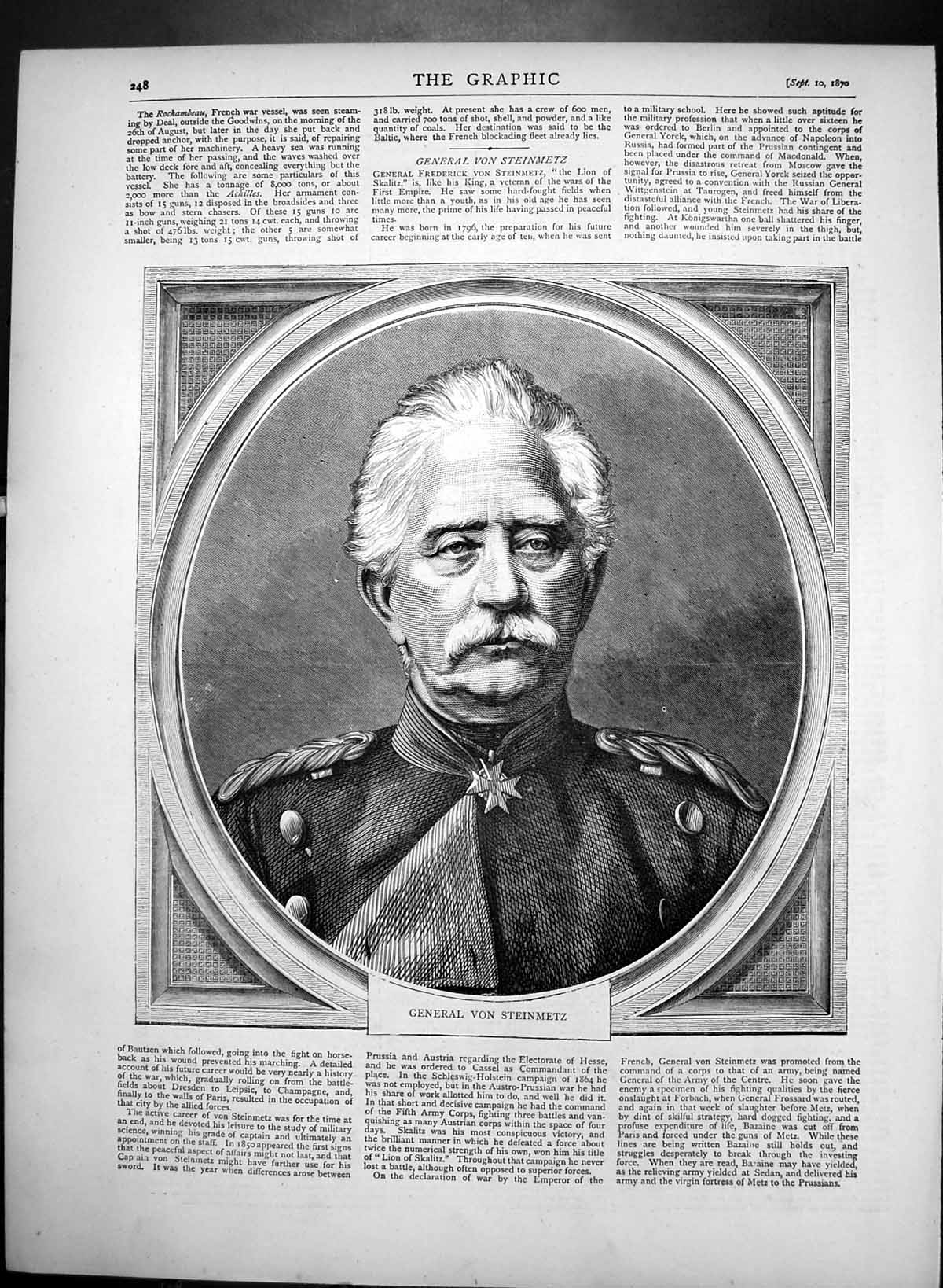 Original Old Antique Print General Von Steinmetz Veteran Wars First Empire 1870