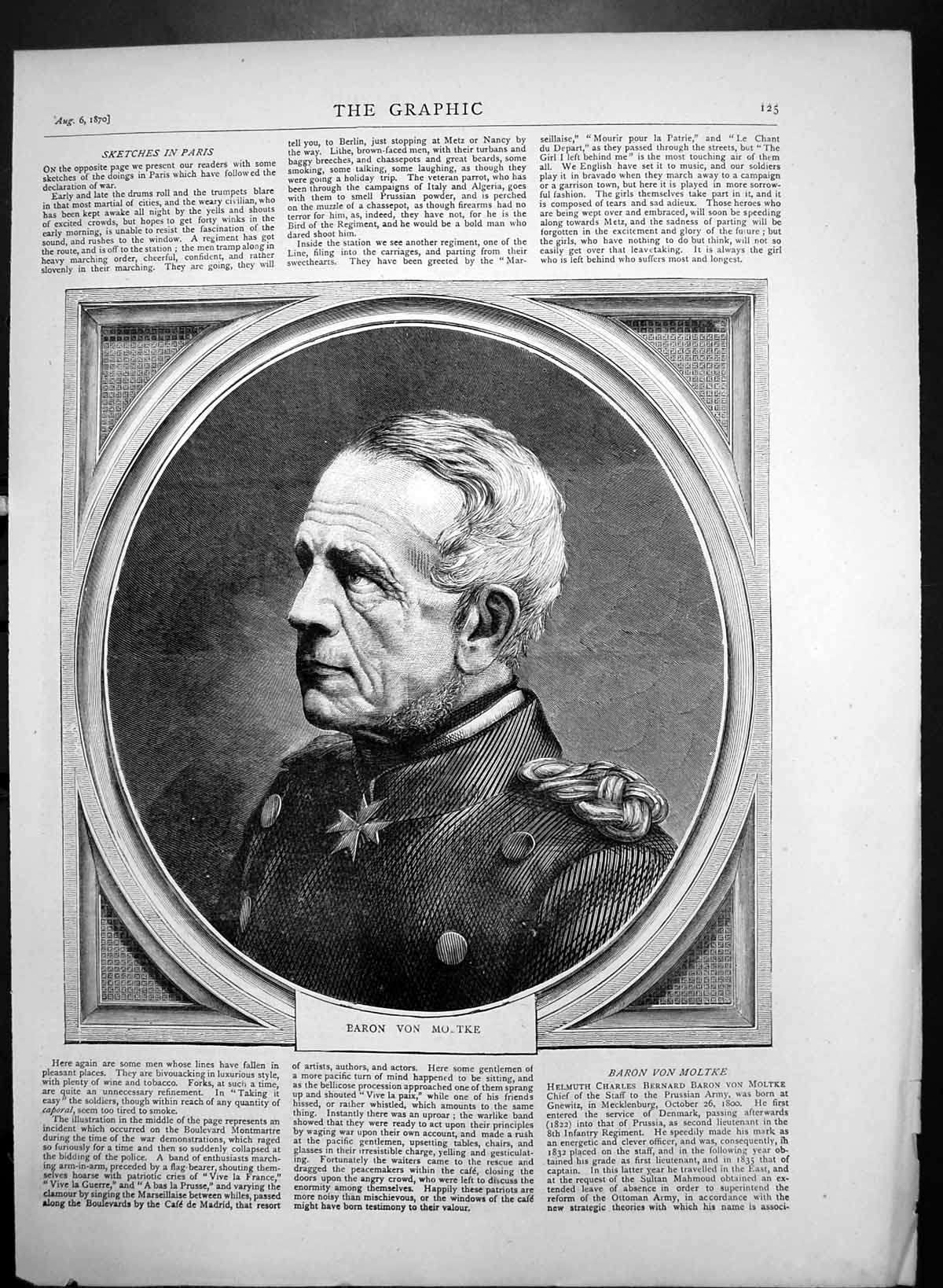 Original Old Antique Print Baron Von Moltke Chief Staff Prussian Army 1870 19th