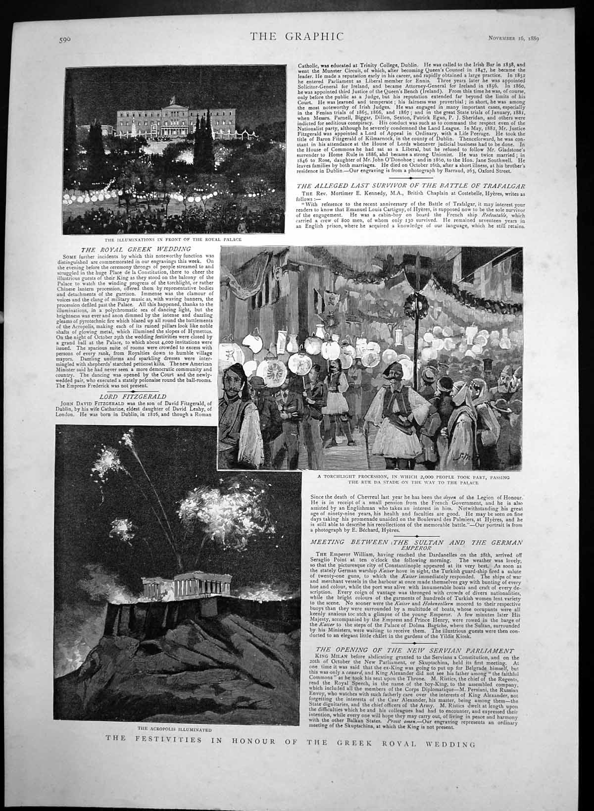 Old Antique Print Festivities Greek Royal Wedding Acropolis Palace 1889 19th
