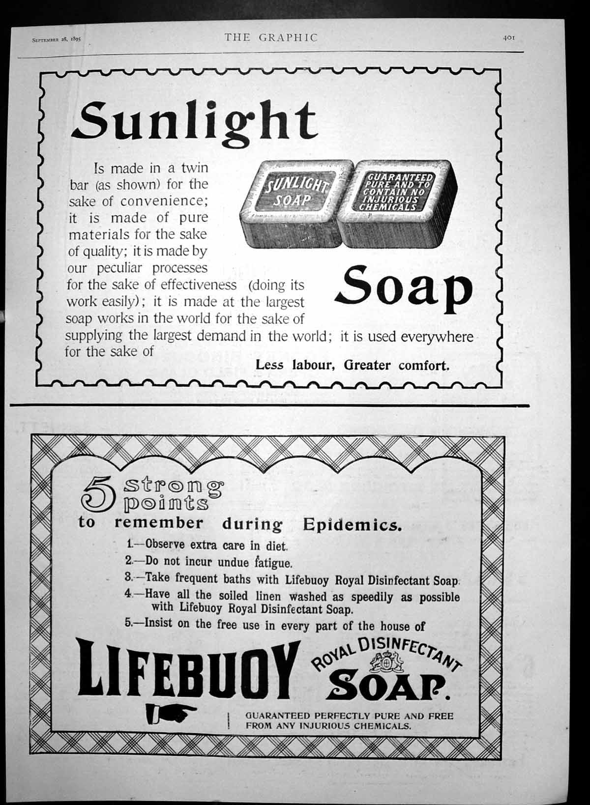 Original Old Antique Print Advert Sunlight Soap Lifebuoy Disinfectant Soap 1895