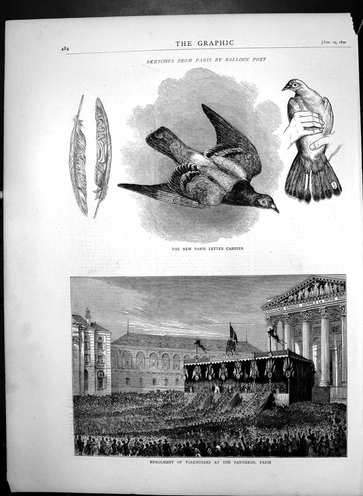 Antique Old Print Paris Letter Carrier Pigeons Volunteers Enrol Pantheon 1870