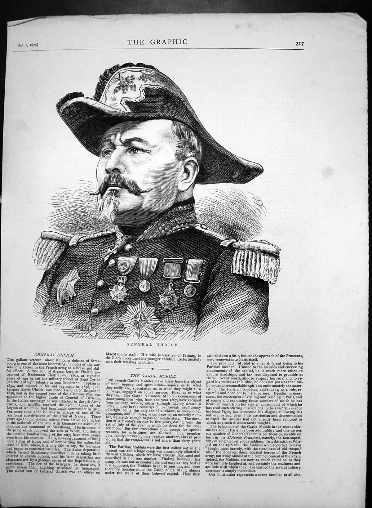 Original Old Antique Print General Uhrich Brave Officer French Army 1870 19th