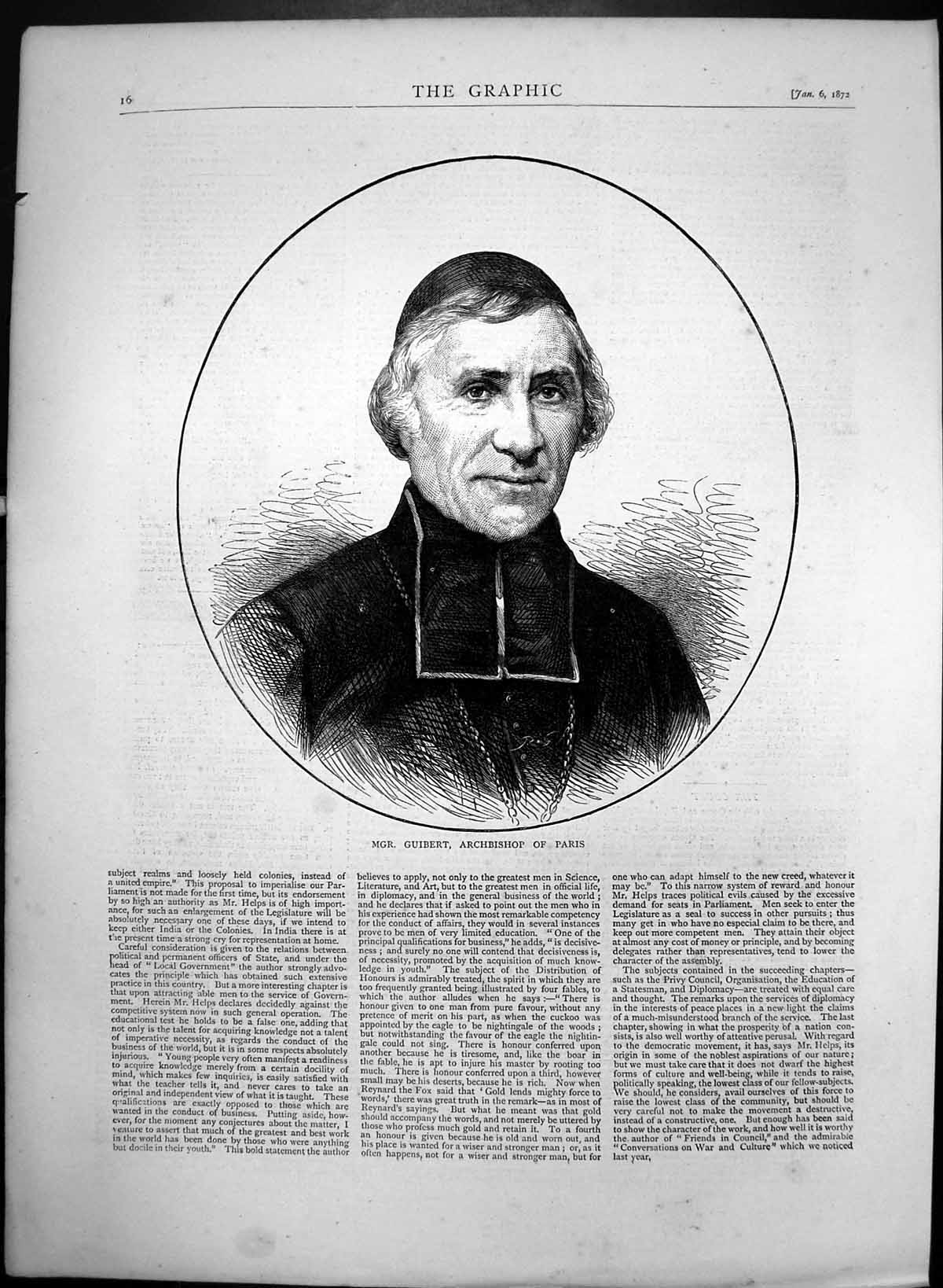 Original Old Antique Print Mgr Guibert Archbishop Paris 1872 19th