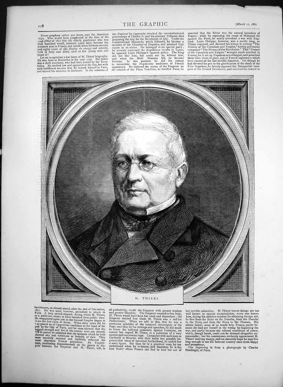 Original Old Antique Print M Thiers Veteran Politician Frenchman 1861 Victorian