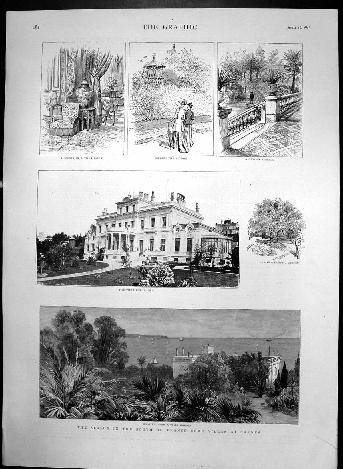 Old Antique Print Cannes Villa Rothschild Villa Salon Garden Terrace 1892 19th