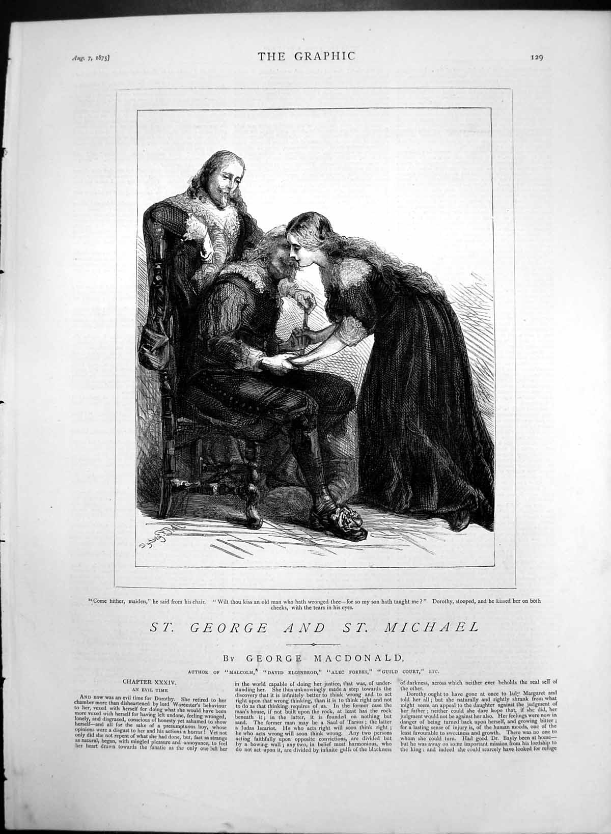 Original Old Antique Print St George & St Michael Dorothy Kisses Lord 1875 19th