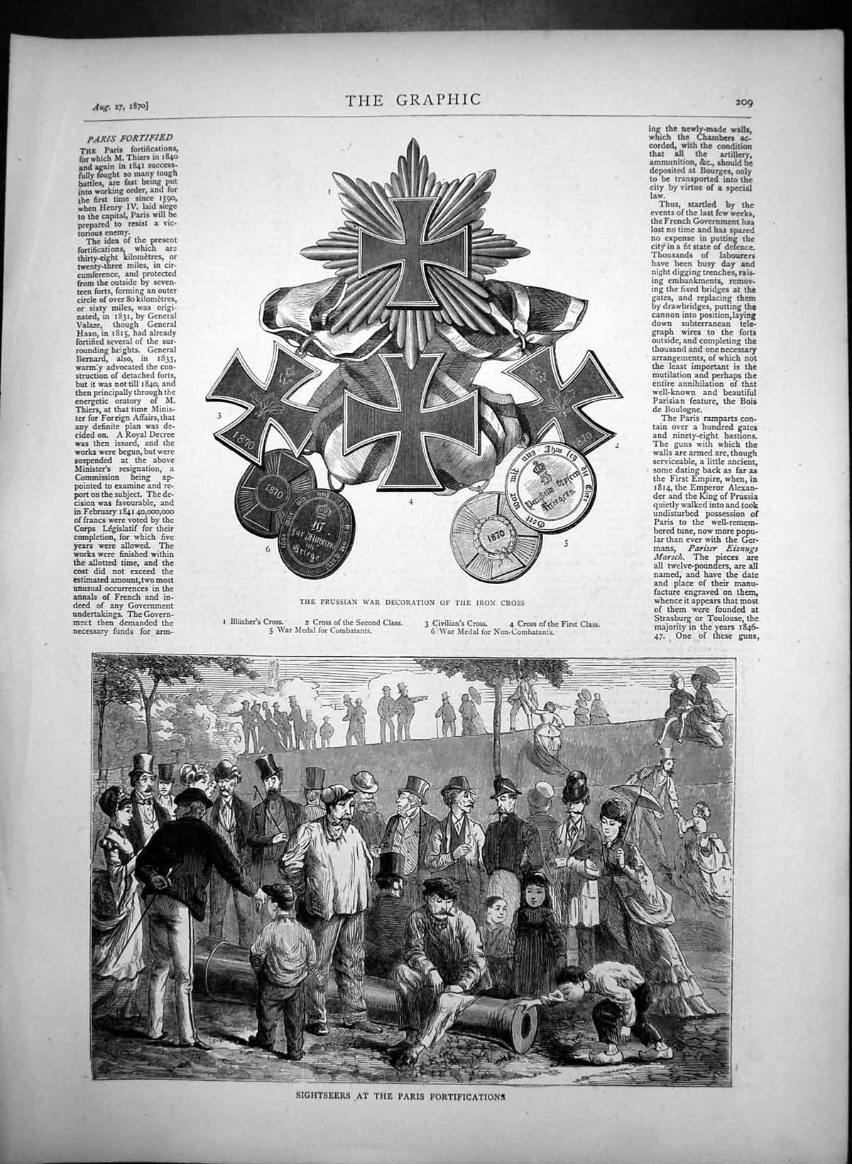 Antique Old Print Sightseers Paris Fortifications Prussian Iron Cross 1870 19th
