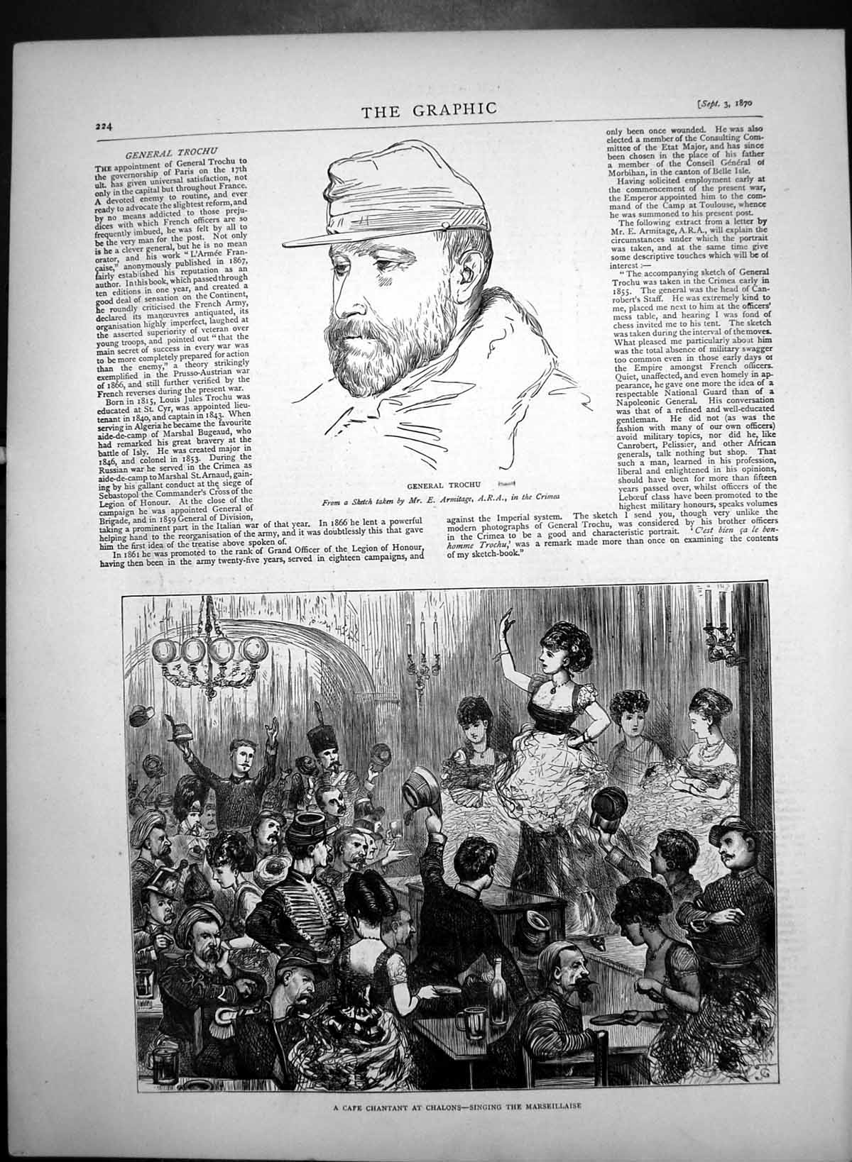 Original Old Antique Print General Trochu Cafe Chantant Chalons Singing 1870