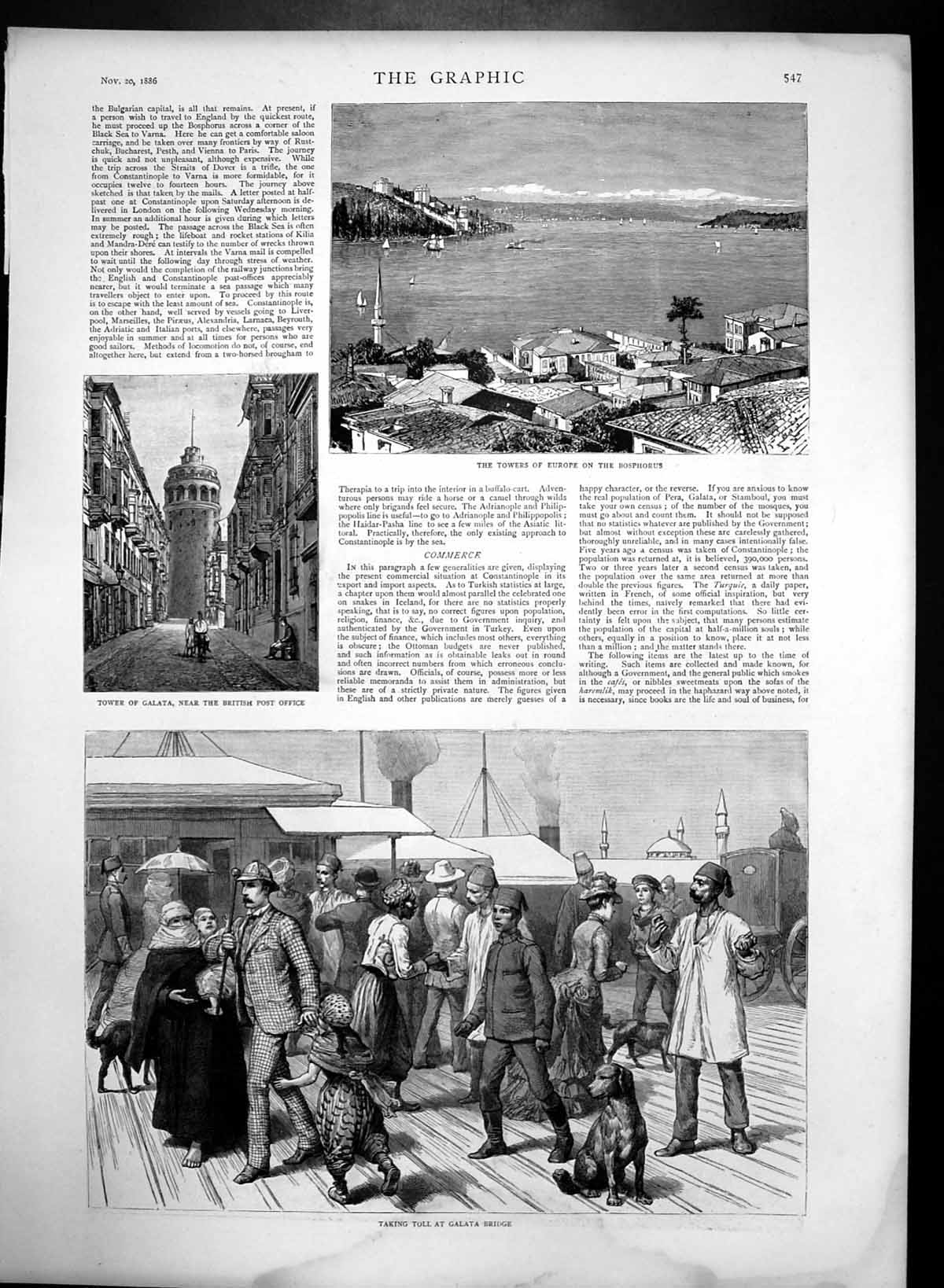 Original Old Antique Print Towers Europe Bosphorus Galata Bridge Tower 1886