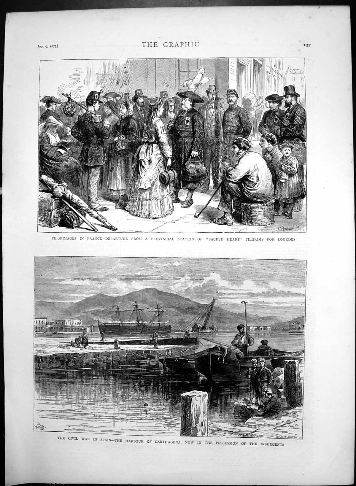 Antique Old Print Carthagena Harbour Spain Sacred Heart Pilgrims Lourdes1875