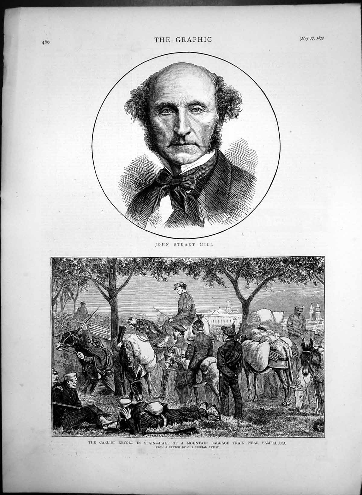Antique Print John Stuart Mill Mountain Baggage Train Pampeluna Spain 1873 19th