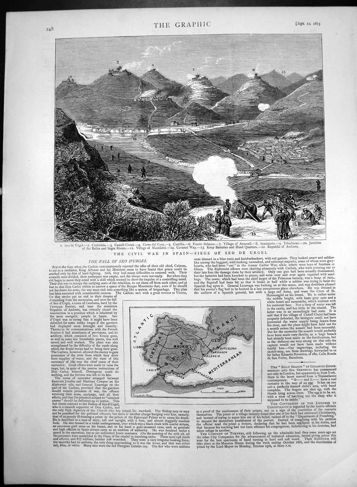 Original Old Antique Print Civil War Spain Siege Seo De Urgel Map Spain 1875