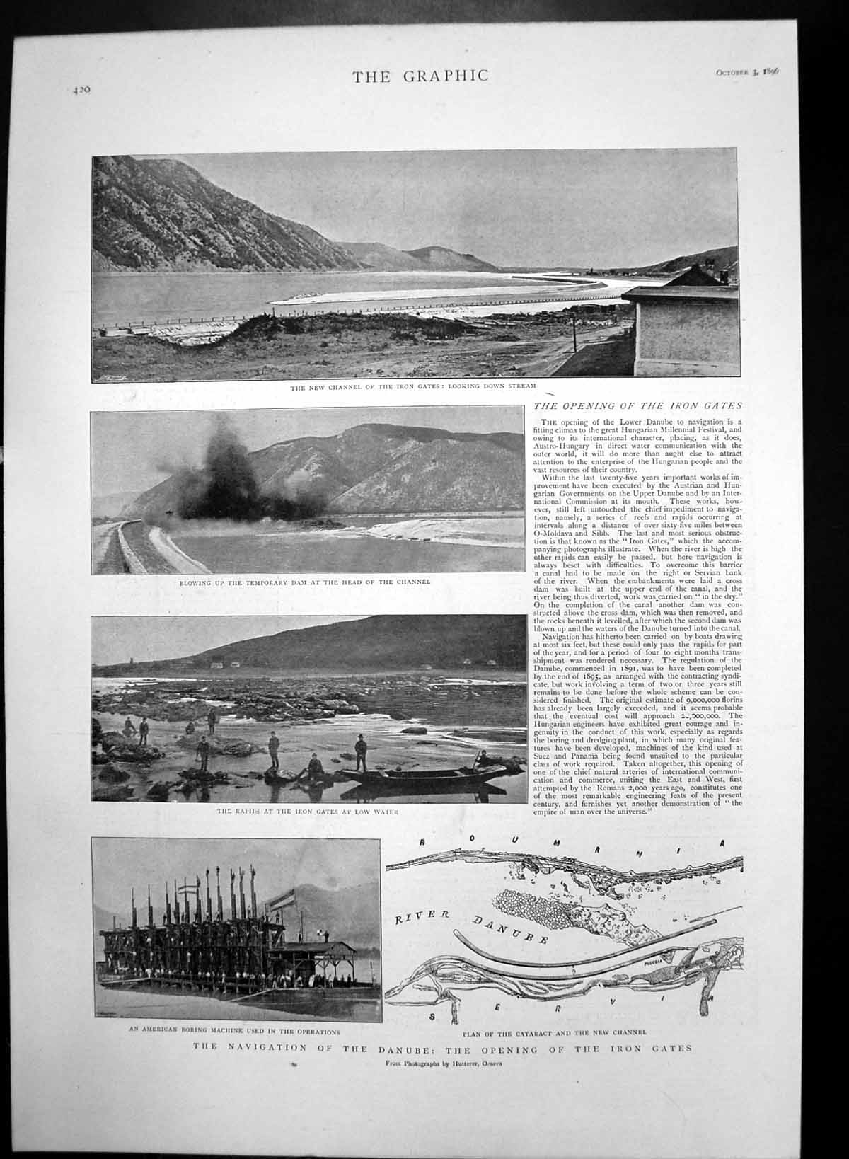 Antique Old Print Navigation Danube Opening Iron Gates Blowing Up Dam 1896 19th