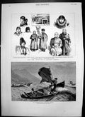 Antique Old Print Norwegian Fishing Boat Characters West Siberia Jakutsk 1882